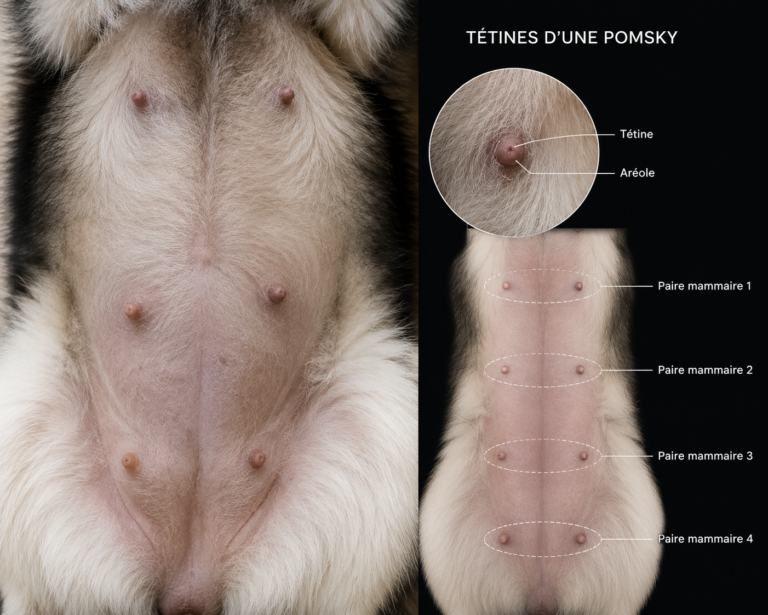 Les tétines d’une chienne Pomsky